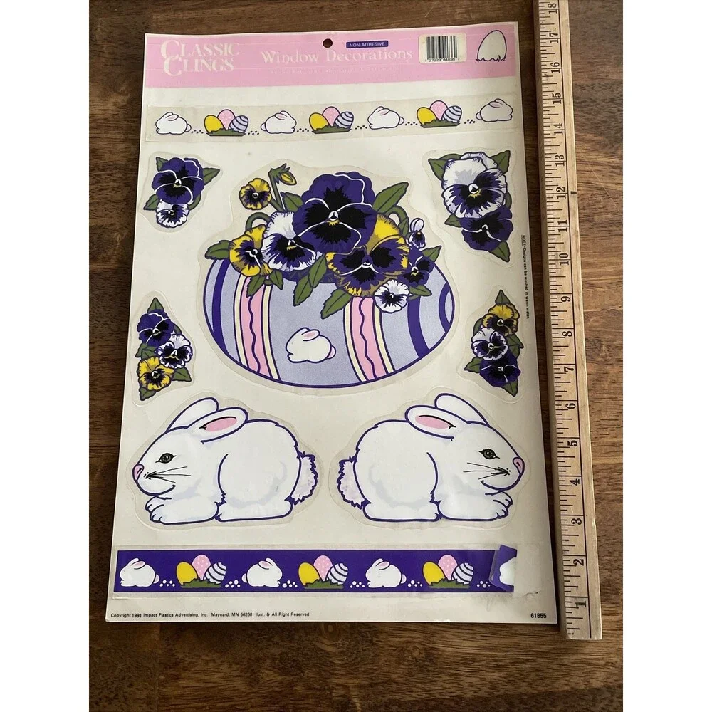 5 Vintage Easter Spring Vinyl Window Clings Bunny Colorful Eggs Birds Artist